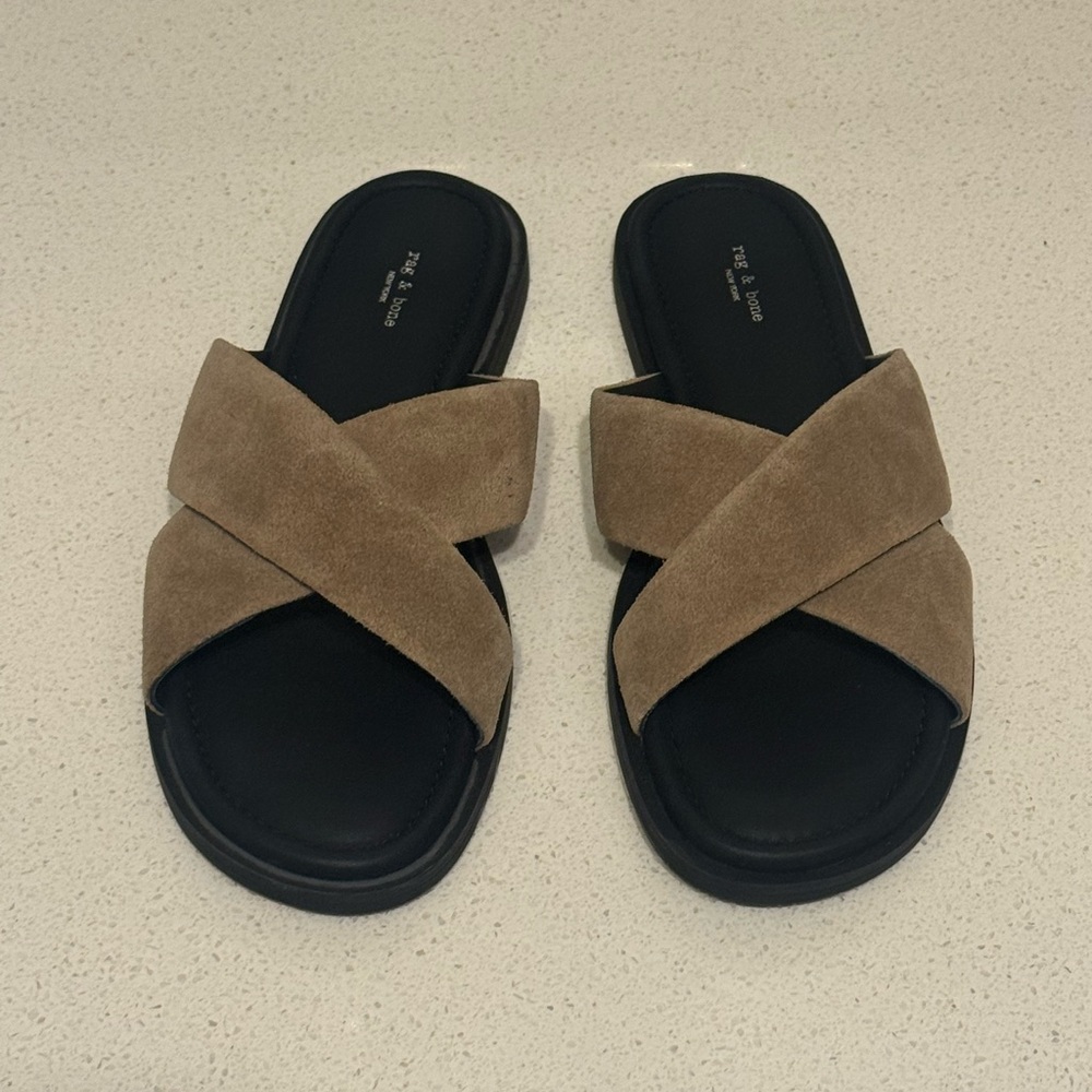 New Rag & Bone Brown Suede Cross Strap Sandals – Women’s Designer Summer Flats - Picture 5 of 12